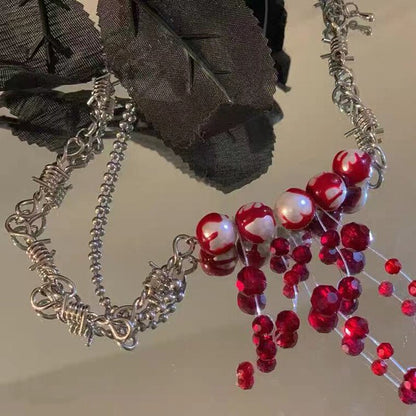 Gothic Bloody Pearl Necklace with Barbed Wire Chain by HitMyNeed