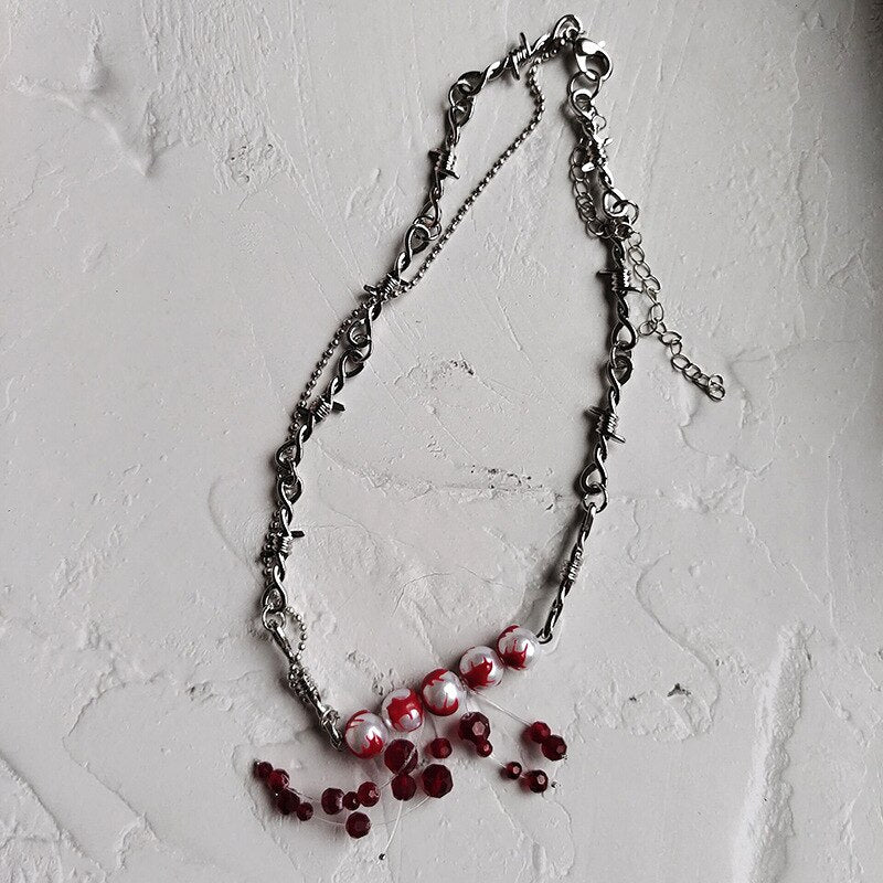 Gothic Bloody Pearl Necklace with Barbed Wire Chain by HitMyNeed