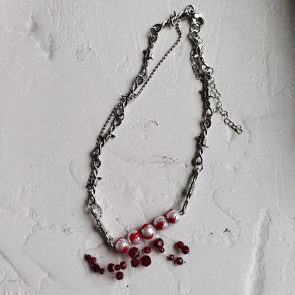 Gothic Bloody Pearl Necklace with Barbed Wire Chain by HitMyNeed