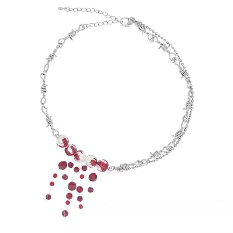 Gothic Bloody Pearl Necklace with Barbed Wire Chain by HitMyNeed