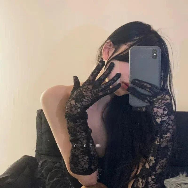 Gothic Lolita Fingerless Flower Lace Arm Warmers finger-black by HitMyNeed