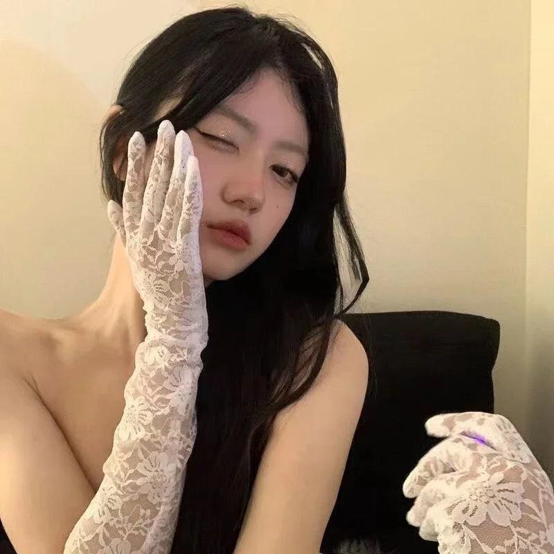 Gothic Lolita Fingerless Flower Lace Arm Warmers finger-white by HitMyNeed