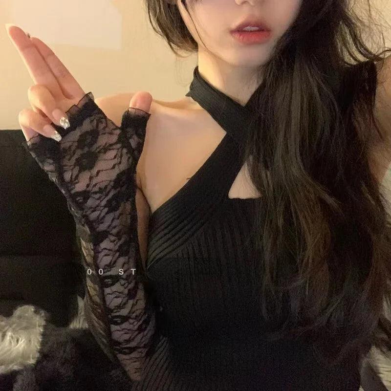Gothic Lolita Fingerless Flower Lace Arm Warmers fingerless-black by HitMyNeed