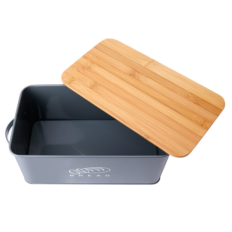 Grey Metal Bread Bin with Bamboo Lid by HitMyNeed