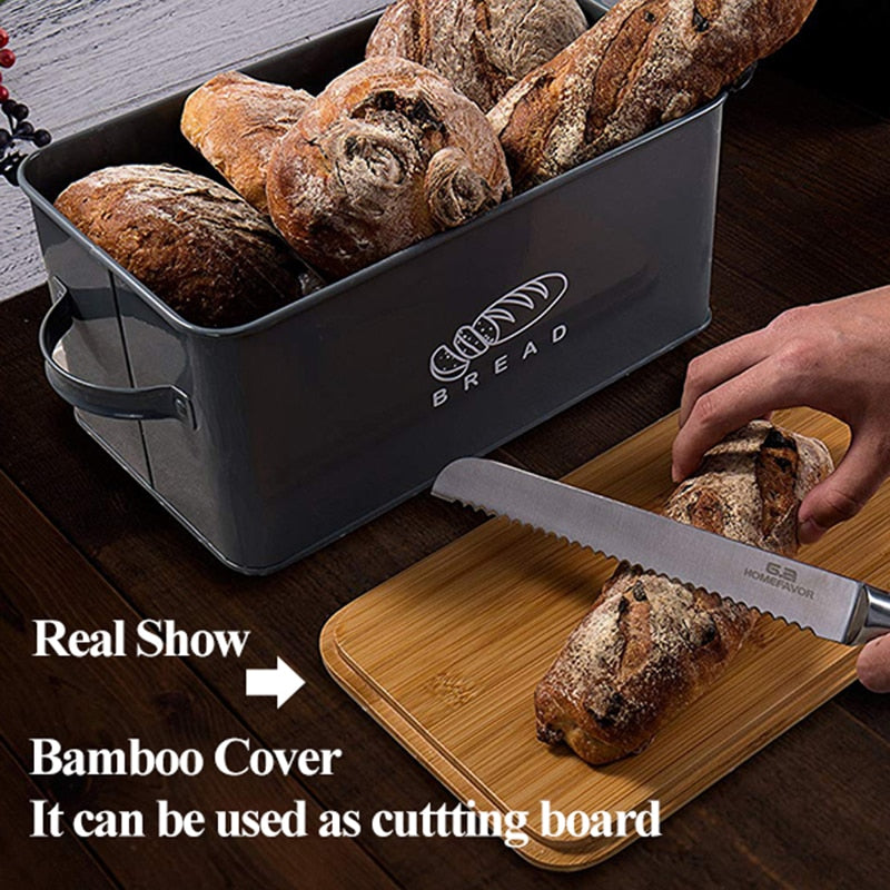 Grey Metal Bread Bin with Bamboo Lid by HitMyNeed
