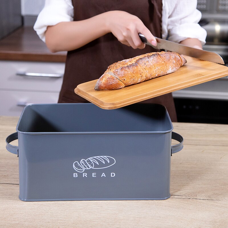 Grey Metal Bread Bin with Bamboo Lid by HitMyNeed