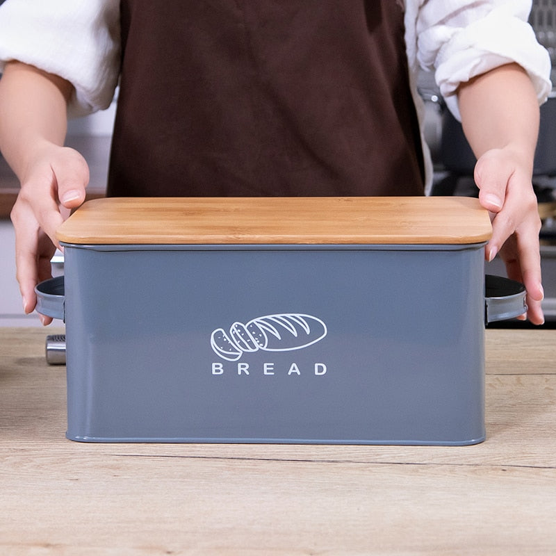 Grey Metal Bread Bin with Bamboo Lid by HitMyNeed