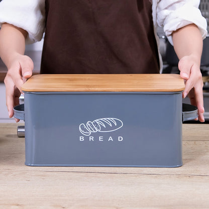 Grey Metal Bread Bin with Bamboo Lid by HitMyNeed