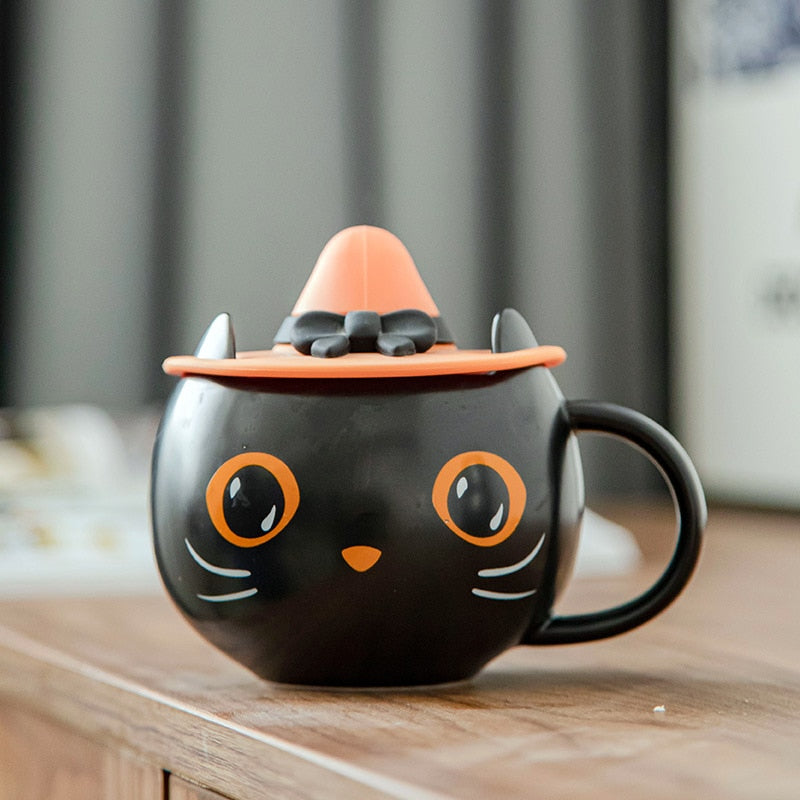Halloween Black Cat Ceramic Mug with Lid and Spoon by HitMyNeed