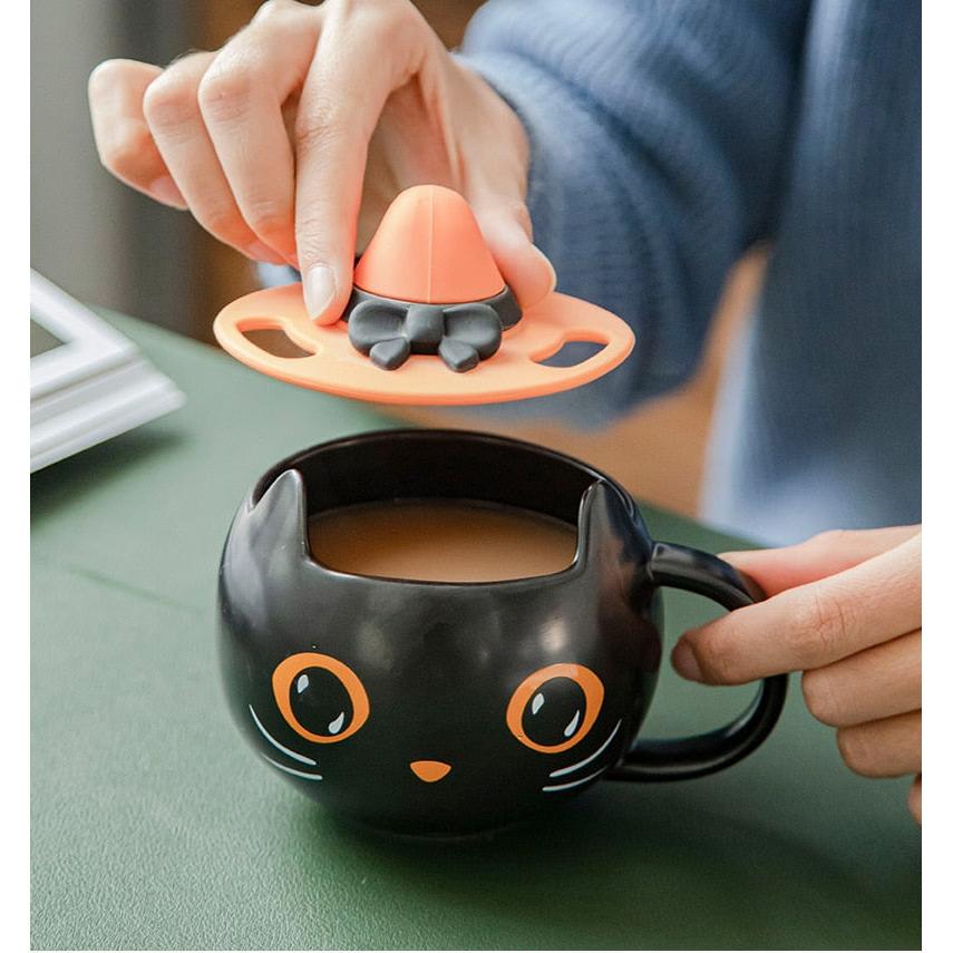 Halloween Black Cat Ceramic Mug with Lid and Spoon by HitMyNeed