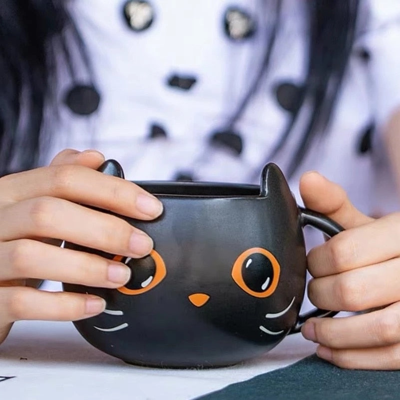 Halloween Black Cat Ceramic Mug with Lid and Spoon by HitMyNeed