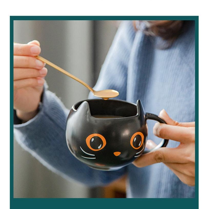 Halloween Black Cat Ceramic Mug with Lid and Spoon by HitMyNeed
