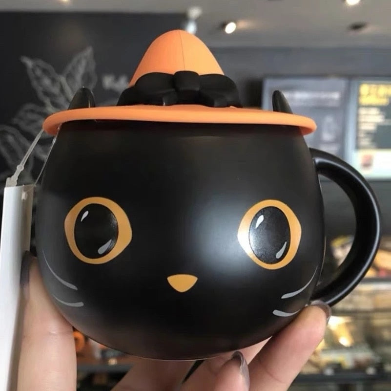Halloween Black Cat Ceramic Mug with Lid and Spoon by HitMyNeed