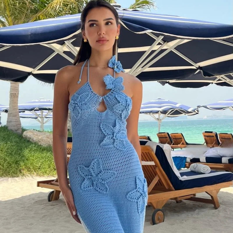 Halter Maxi Dress with 3D Floral Crochet Detail by HitMyNeed