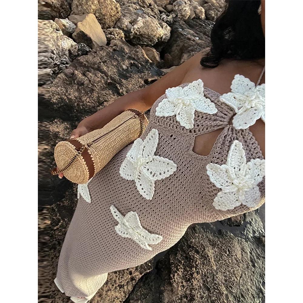 Halter Maxi Dress with 3D Floral Crochet Detail khaki xl by HitMyNeed