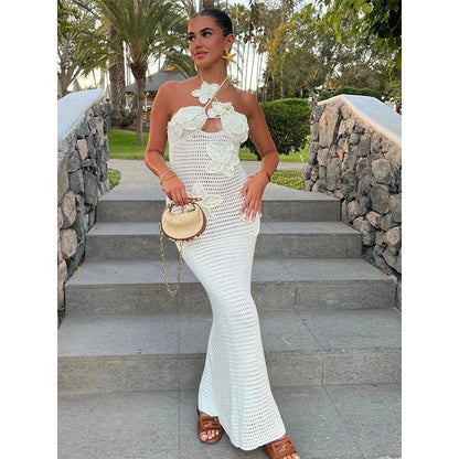 Halter Maxi Dress with 3D Floral Crochet Detail white xl by HitMyNeed
