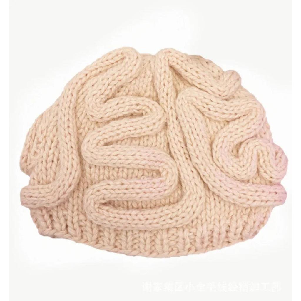 Hand-Knitted Brain Beanie Winter Hat beige adult-model-flexible by HitMyNeed