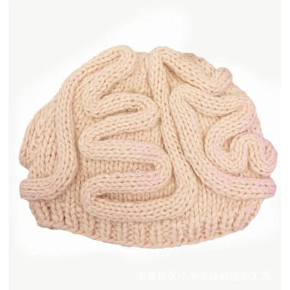 Hand-Knitted Brain Beanie Winter Hat beige adult-model-flexible by HitMyNeed