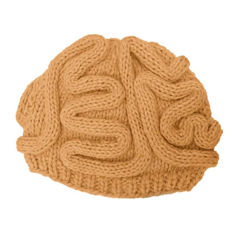 Hand-Knitted Brain Beanie Winter Hat khaki adult-model-flexible by HitMyNeed