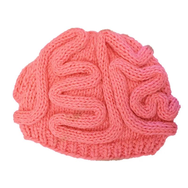 Hand-Knitted Brain Beanie Winter Hat pink adult-model-flexible by HitMyNeed
