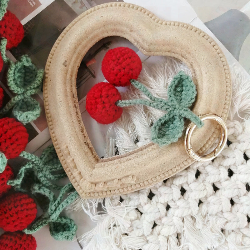 Handmade Knitted Cherry Keychain Accessory by HitMyNeed