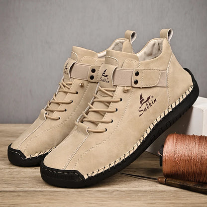 Handmade Men's Leather Casual Ankle Sneaker Boots beige 45.0 by HitMyNeed