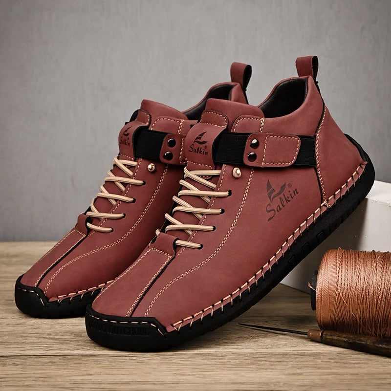 Handmade Men's Leather Casual Ankle Sneaker Boots red 39.0 by HitMyNeed