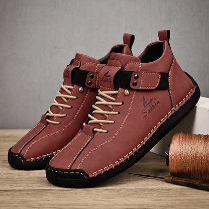 Handmade Men's Leather Casual Ankle Sneaker Boots red 39.0 by HitMyNeed