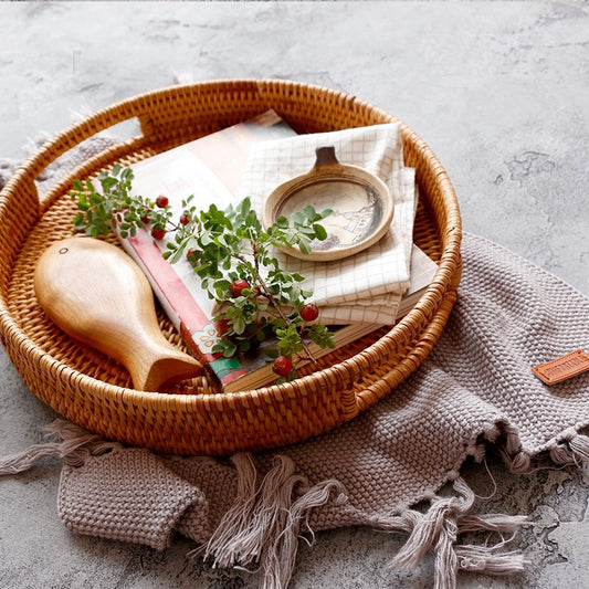 Handmade Rattan Woven Round Serving Tray 36cm by HitMyNeed