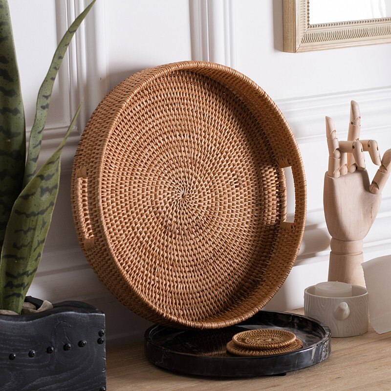 Handmade Rattan Woven Round Serving Tray 36cm by HitMyNeed