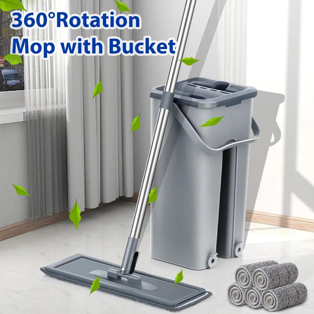 Hands-Free Flat Mop and Bucket Set with Microfiber Pads by HitMyNeed