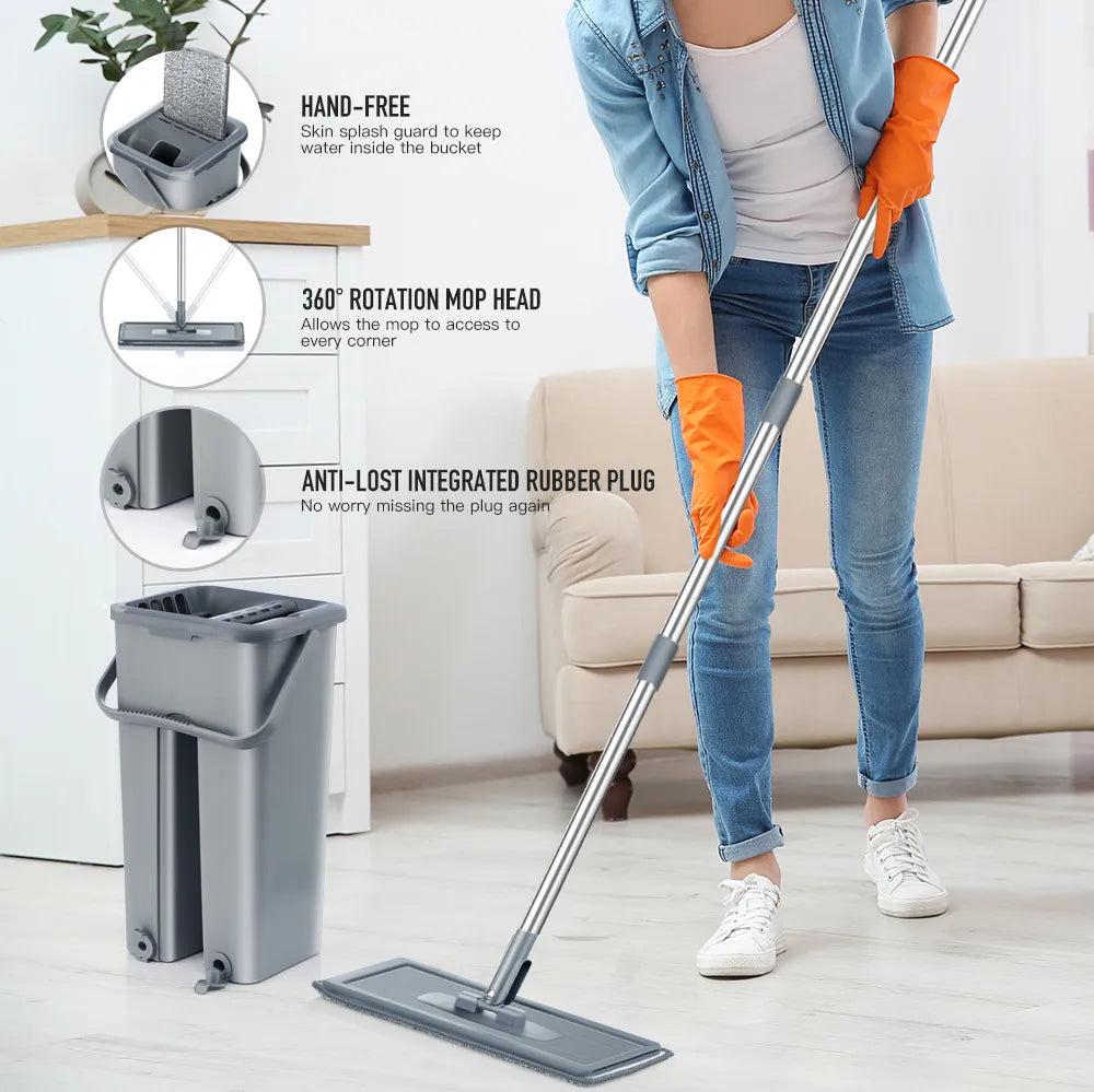 Hands-Free Flat Mop and Bucket Set with Microfiber Pads by HitMyNeed