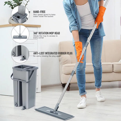 Hands-Free Flat Mop and Bucket Set with Microfiber Pads by HitMyNeed