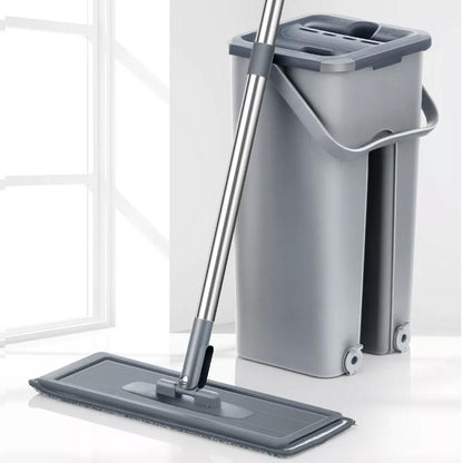 Hands-Free Flat Mop and Bucket Set with Microfiber Pads grey-with-6-pads by HitMyNeed