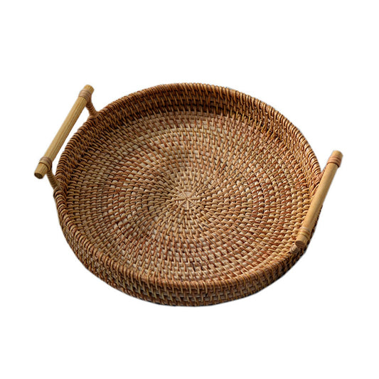 Handwoven Rattan Round Serving Tray with Handles by HitMyNeed