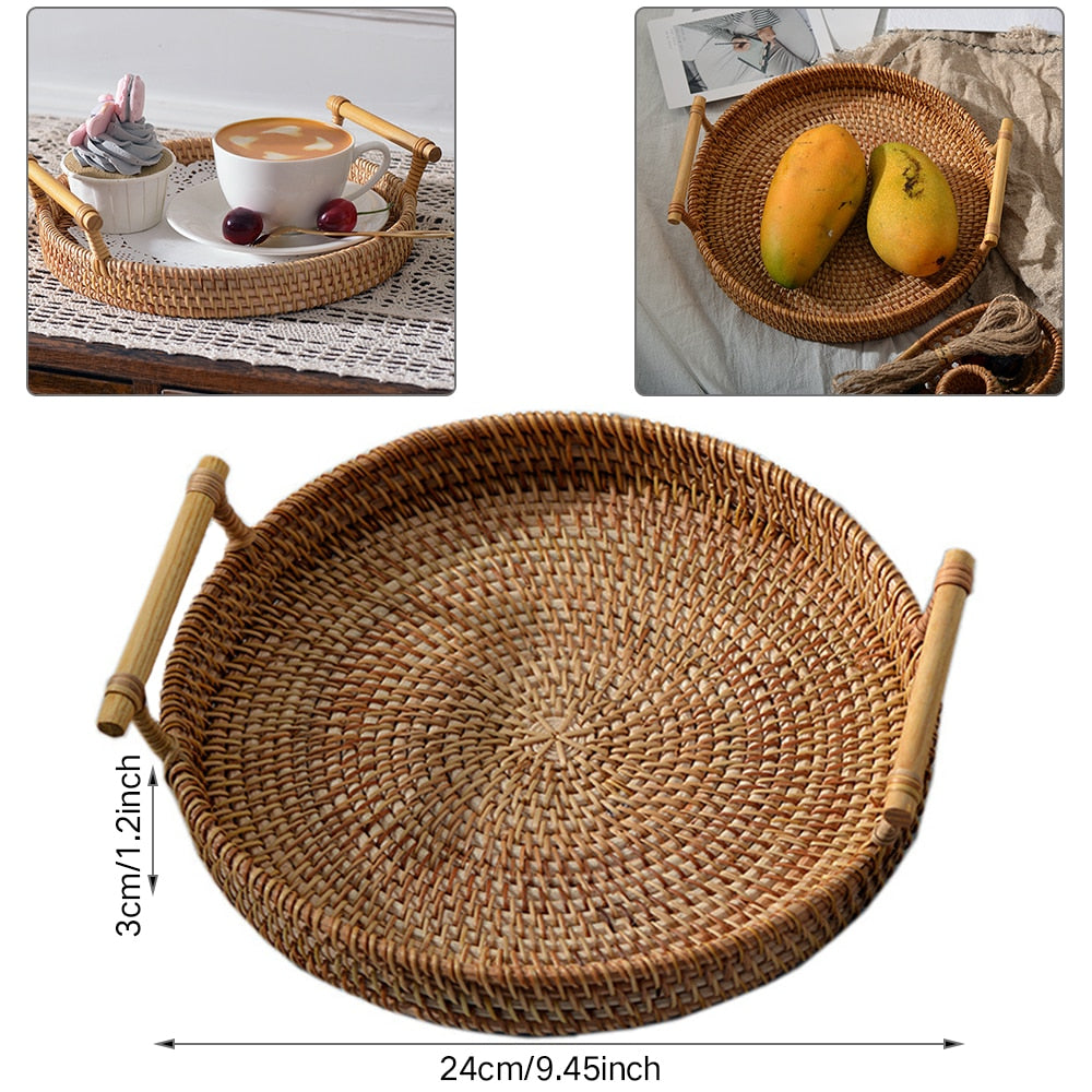 Handwoven Rattan Round Serving Tray with Handles by HitMyNeed