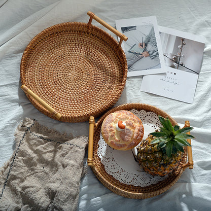 Handwoven Rattan Round Serving Tray with Handles by HitMyNeed