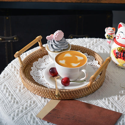 Handwoven Rattan Round Serving Tray with Handles by HitMyNeed