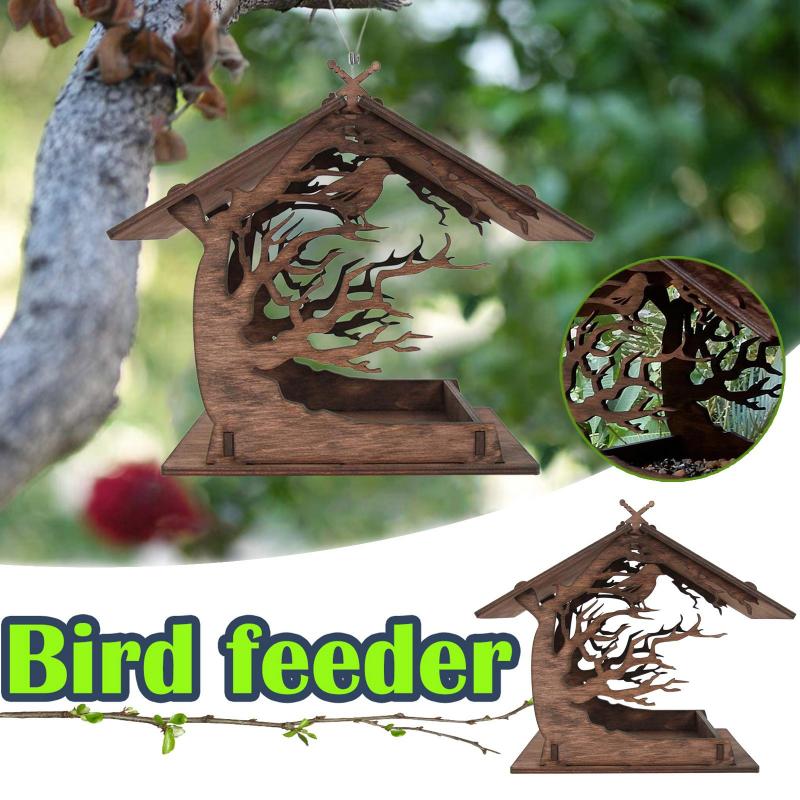Hanging Wooden Bird House Feeder for Gardens by HitMyNeed