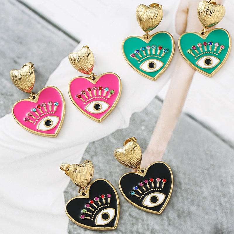Heart Shaped Evil Eye Stainless Steel Drop Earrings by HitMyNeed
