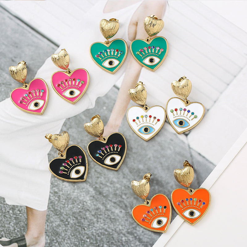 Heart Shaped Evil Eye Stainless Steel Drop Earrings by HitMyNeed