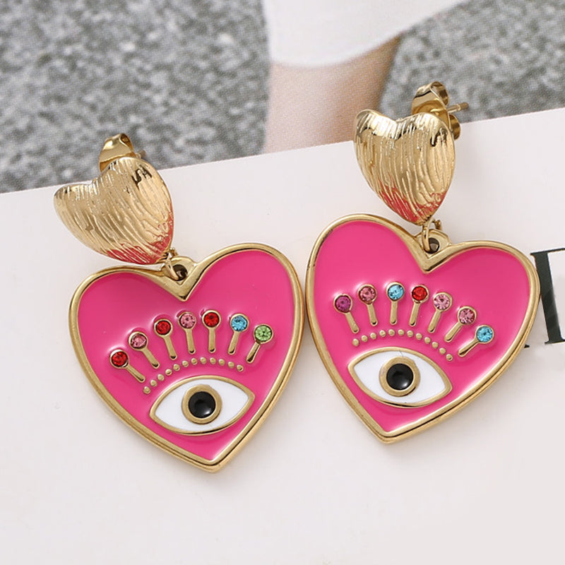 Heart Shaped Evil Eye Stainless Steel Drop Earrings e by HitMyNeed