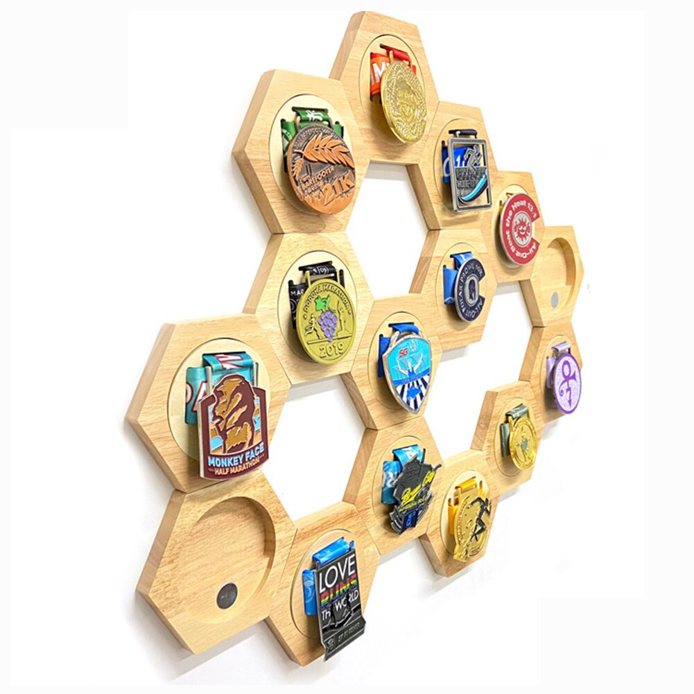 Hexagon Wooden Wall Medal Holder with Magnet by HitMyNeed