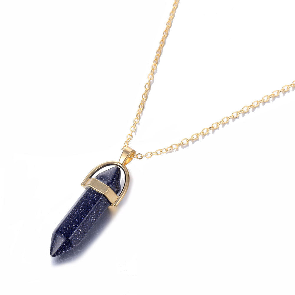Hexagonal Natural Crystal Quartz Pendant Necklace blue-sand-stone by HitMyNeed
