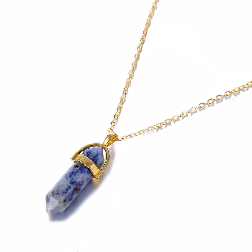 Hexagonal Natural Crystal Quartz Pendant Necklace blue-stone by HitMyNeed