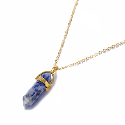 Hexagonal Natural Crystal Quartz Pendant Necklace blue-stone by HitMyNeed