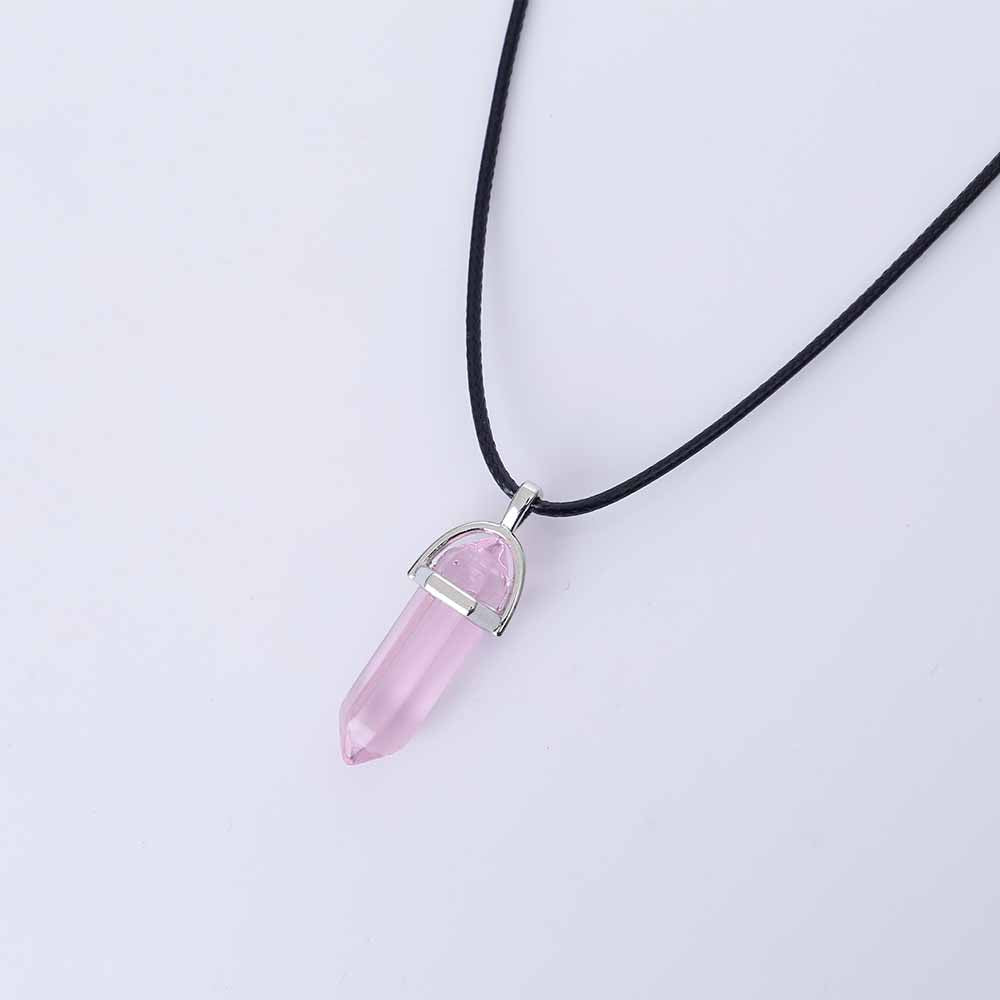 Hexagonal Natural Crystal Quartz Pendant Necklace leather-pink by HitMyNeed