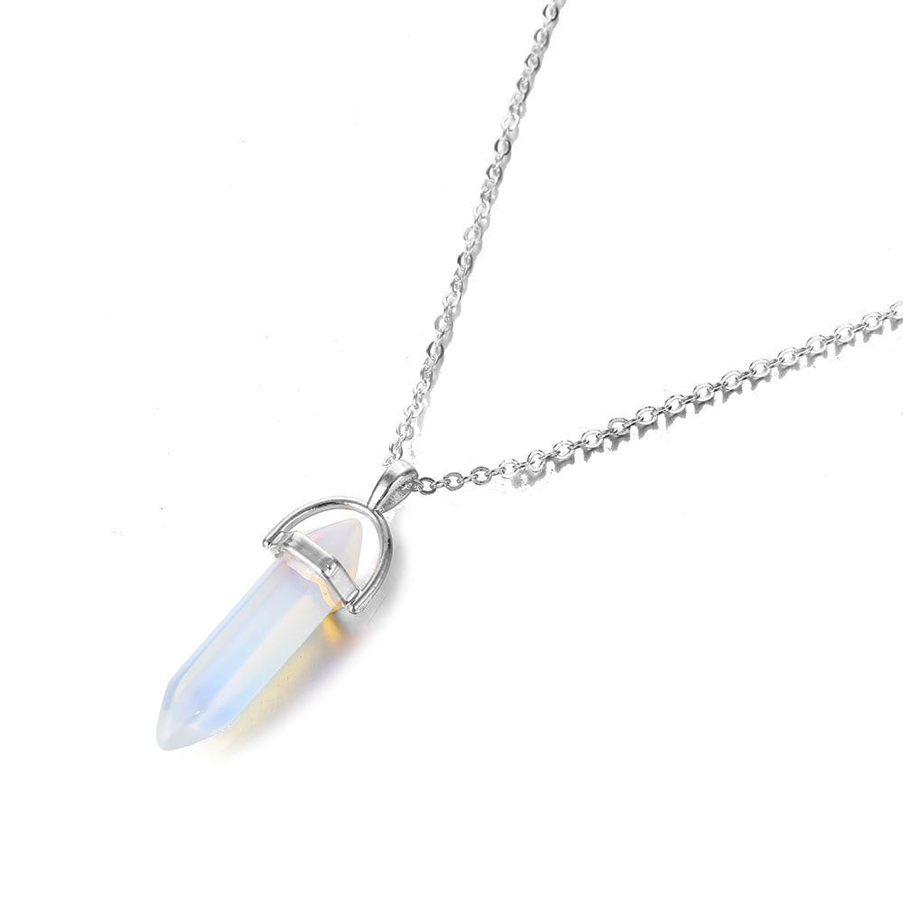 Hexagonal Natural Crystal Quartz Pendant Necklace opal-silver by HitMyNeed