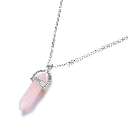 Hexagonal Natural Crystal Quartz Pendant Necklace pink-silver by HitMyNeed