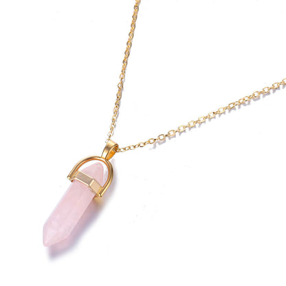 Hexagonal Natural Crystal Quartz Pendant Necklace pink-stone by HitMyNeed